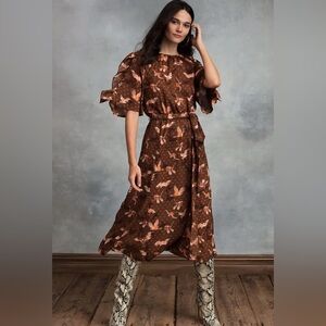 Happy Nature by Kate Hudson Brown Floral & Crane Women's Midi Dress Size Small